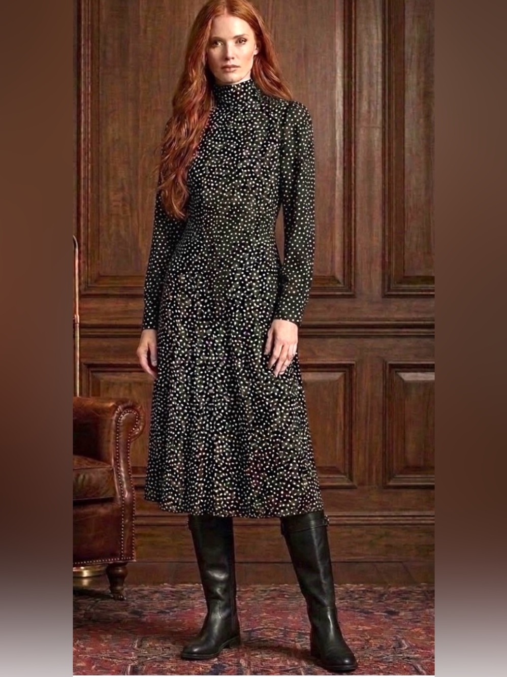 ZARA High Collar Polka Dot Chiffon Long Sleeve Midi Dress Black\White XL NWT